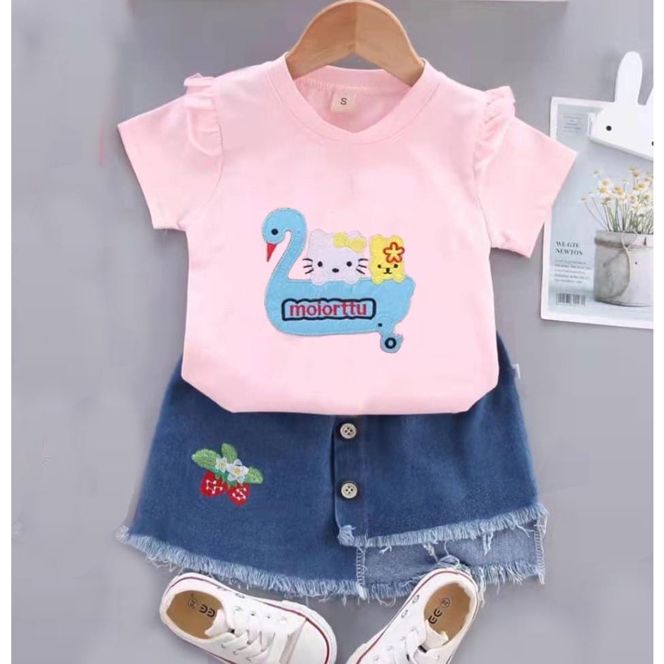 SETELAN ROK JEANS BORDIR HELLO KITTY