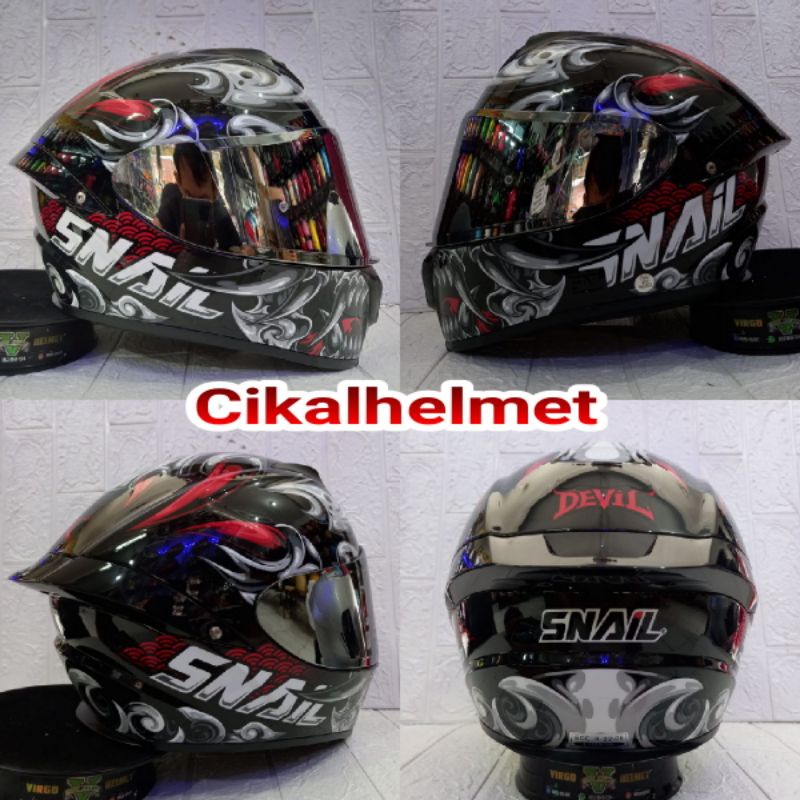HELM SNAIL FFS2 MOTIF DEVIL GREY SILVER VARIASI GANTENG VISOR IRIDIUM