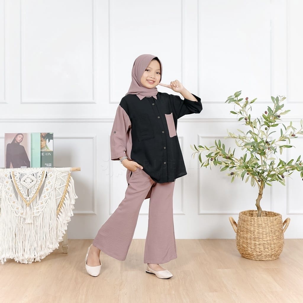 Setelan Anak Perempuan 10-12 Tahun Alexa Set Sage Olive Plus Hijab Baju Setelan Anak Celana Panjang Keika Oribelle One Set Crinkle