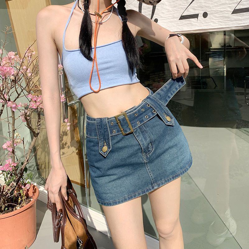 Red Rok Denim Wanita 2023 Musim Panas Baru Retro All-Match Pinggang Tinggi Gadis Rok Mini Tas Hip Rok Rok Celana rok