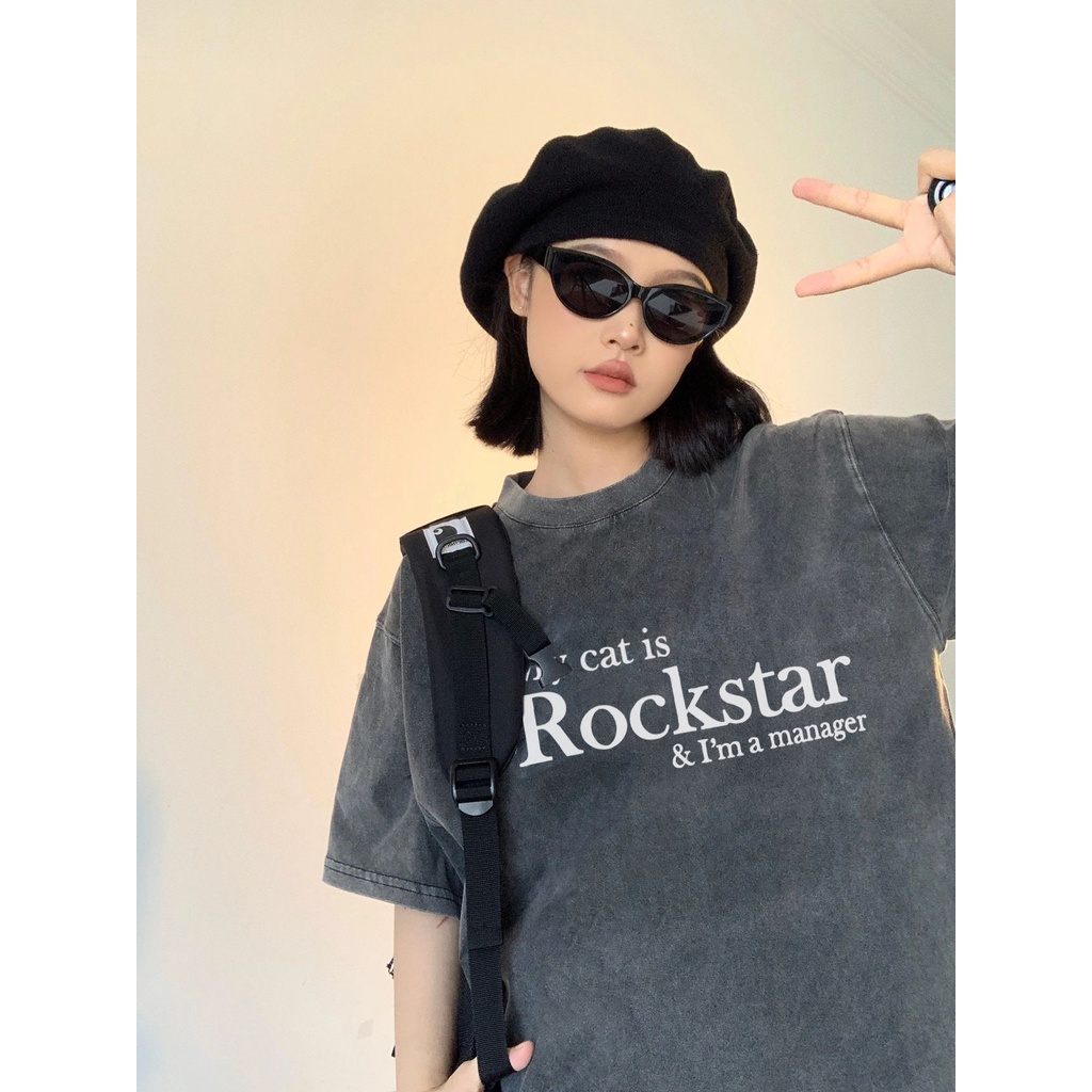 T-shirt Hitam Washed Oversize Kaos Lengan Pendek Baju Wanita Korean Style Graphic Tee 002