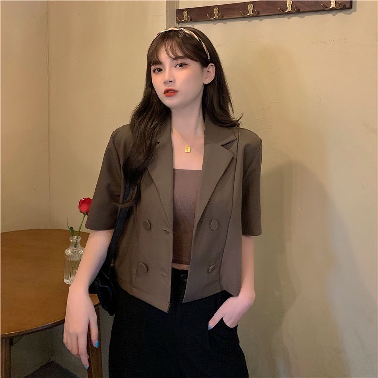 EUNII [3 warna]Jaket Crop Blazer Lengan Pendek Hitam Kasual untuk Wanita Korean Style