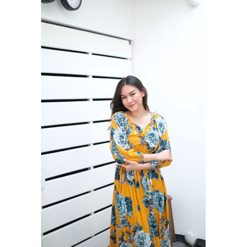 Dress Kerut Bali Panjang Dres Kerut Dada Jumbo Dress Sabrina Kerut Motif Bunga Murah