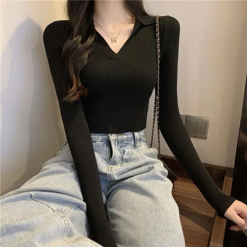 Poloshirt Knitwear D-99 Top Fashion Korean Crop Long Sleeve Polo Knit Top/Atasan Rajut Wanita Atasan Rajut Import Wanita/ Atasan Crop Baju Polo Korean Style Wanita