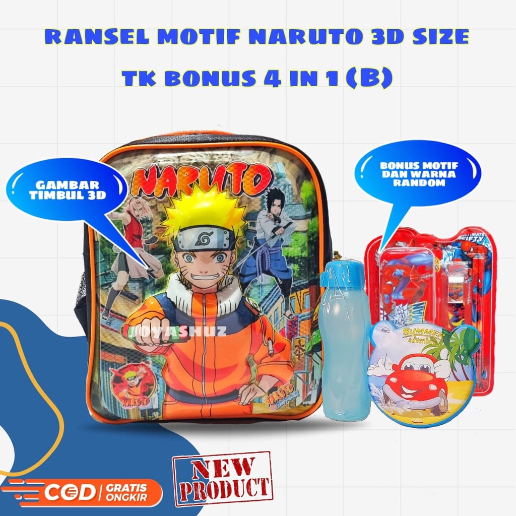 Tas 3D Anak TK Berbonus - Ransel  3D Anak SD Naruto - Tas Sekolah Anak TK Karakter Naruto - Tas Anak Laki-Laki tk Gratis Botol Dan Misting - Tas Sekolah Anak Karakter Lucu - Joyashuz