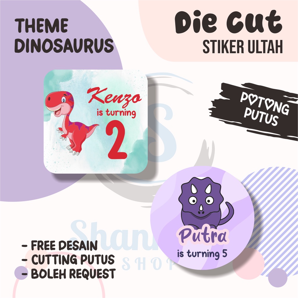 Stiker Label Ulang Tahun THEME DINOSAURUS / Stiker Ulang Tahun Bahan Chromo / Stiker Ultah Murah