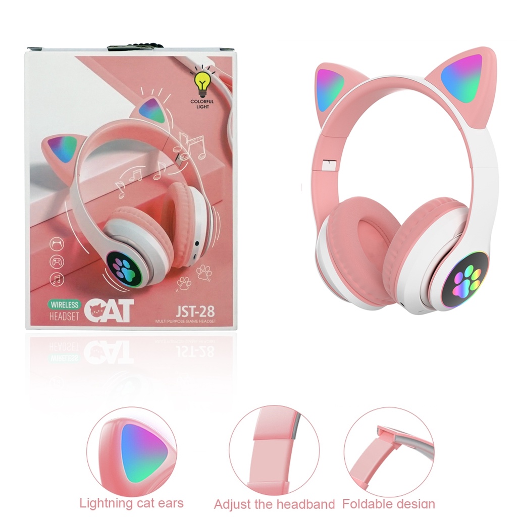 Headset Include Mic Motif Kuping Kucing Bando Model Telinga Cat Ear Headphone / Headphone Bluetooth LED On-Ear Bass