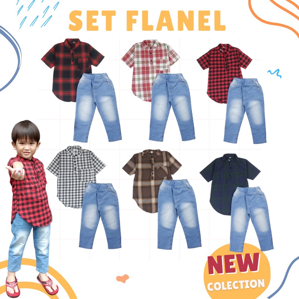 SET KEMEJA FLANEL SETELAN ANAK LAKILAKI 2-10 Tahun Setelan Baju Anak