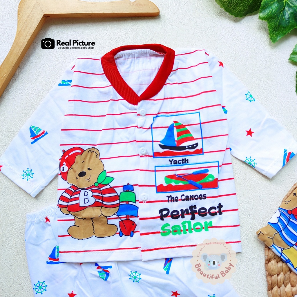 Setelan Piyama Baju Bayi Kancing Depan Usia 3-12 Bulan Motif Sailor / Piyama Bayi Laki-laki / Baju Tidur Bayi / Kaos Oblong Bayi &amp; Anak Kancing Pundak / Baby.ou