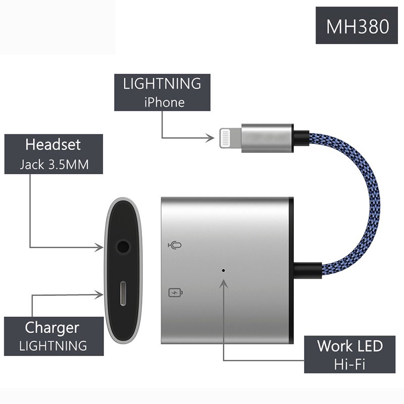 Splitter Adapter Lightning to jack Converter 2in1 3in1 - Headset PUBG Charger + Open Mic - telepon