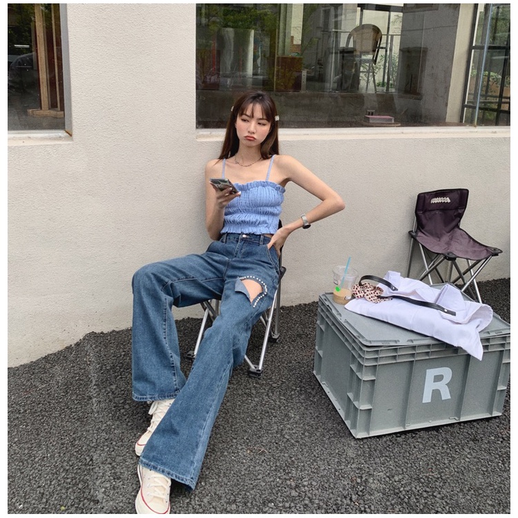 XIAOZHAINV  Celana Sobek Jeans Panjang Wanita jeans wanita high waist jeans Korean Style 1148