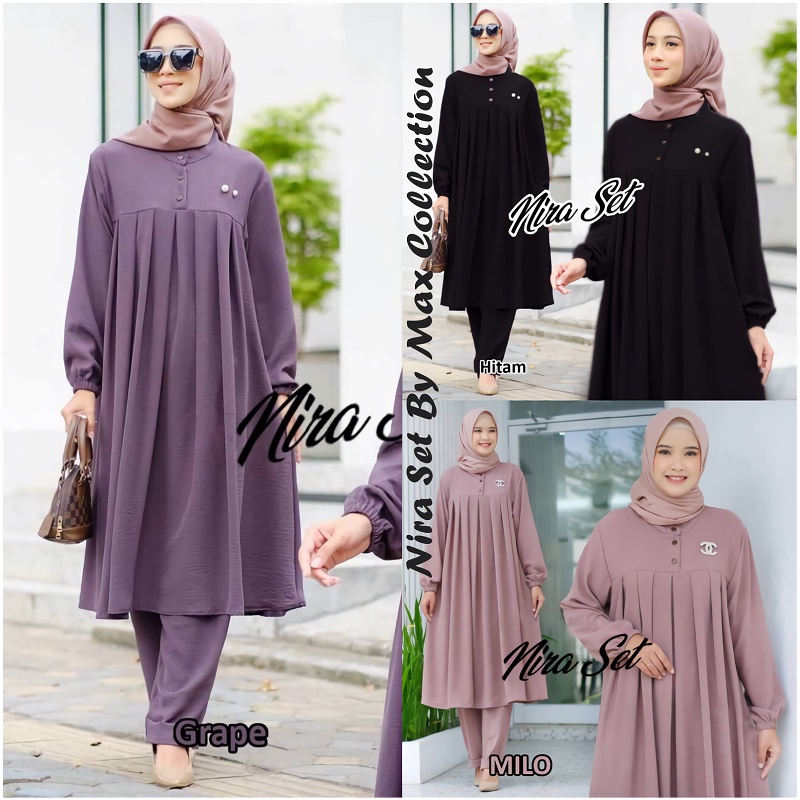 NIRA SET CRINKLE AIRFLOW PREMIUM LONG TUNIK LD 120 BRAND Z*RA // SETELAN CELANA POLOS LONG TUNIK NIR