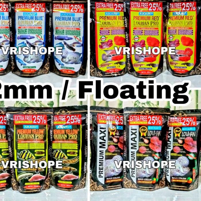 ➾ Akari Premium Blue Yellow Red Maxi Louhan Pro 250 gram, Pelet Ikan Louhan Channa Predator 2mm Floa
