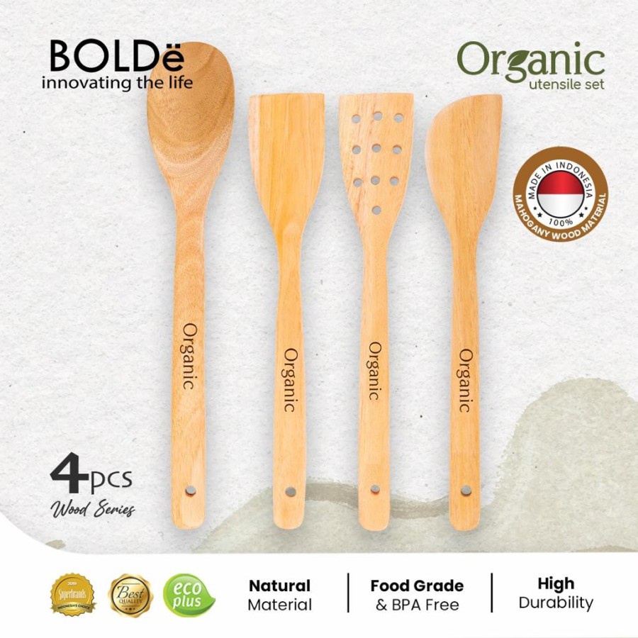 BOLDe Organic Utensil Set 4 Pcs Wood Series - Utensil Spatula Bahan Kayu - Spatula Set Anti Gores