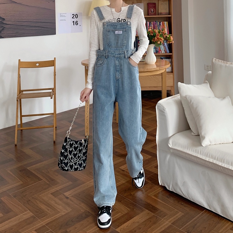 ✅COD Biru muda Overall Kaki Lebar Longgar Pinggang Tinggi Gaya Korea Wanita---Celana Kodok Jeans Wanita