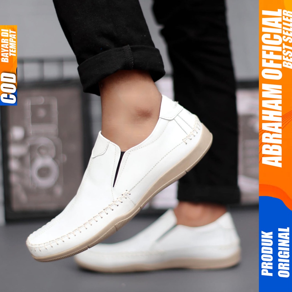 ABRHM X DIVOC Sepatu Slip On Pria Sepatu Casual Kerja Pria Sepatu Pria Cowok/Cowo Kulit Asli Sepatu Kasual Slop Anti Slip Semi Formal Kerja Kuliah Gaya Santai Keren Kekinian Original Murah Terlaris