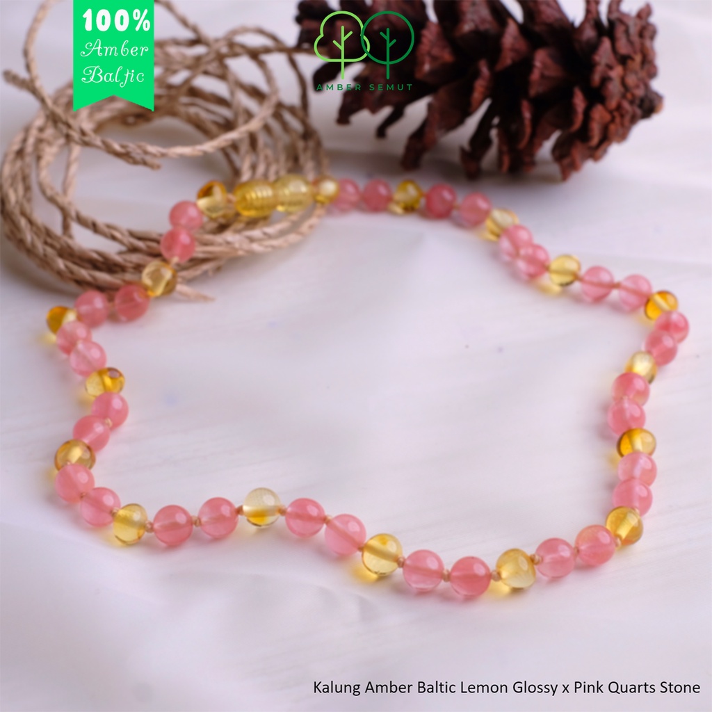 Kalung Amber Baltic Lemon Glossy X Pink Quartz by Amber Semut