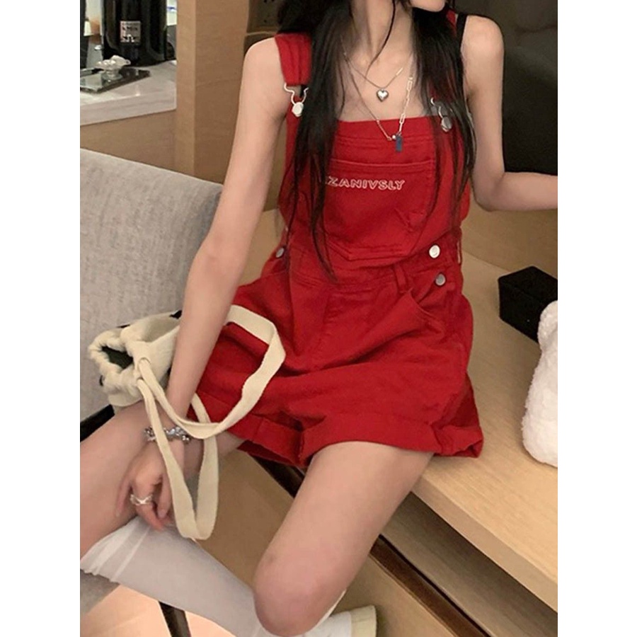 Red hot gadis pinggang tinggi denim suspender celana pendek wanita musim panas kecil longgar longgar mengurangi usia lebar kaki suspender one-piece celana