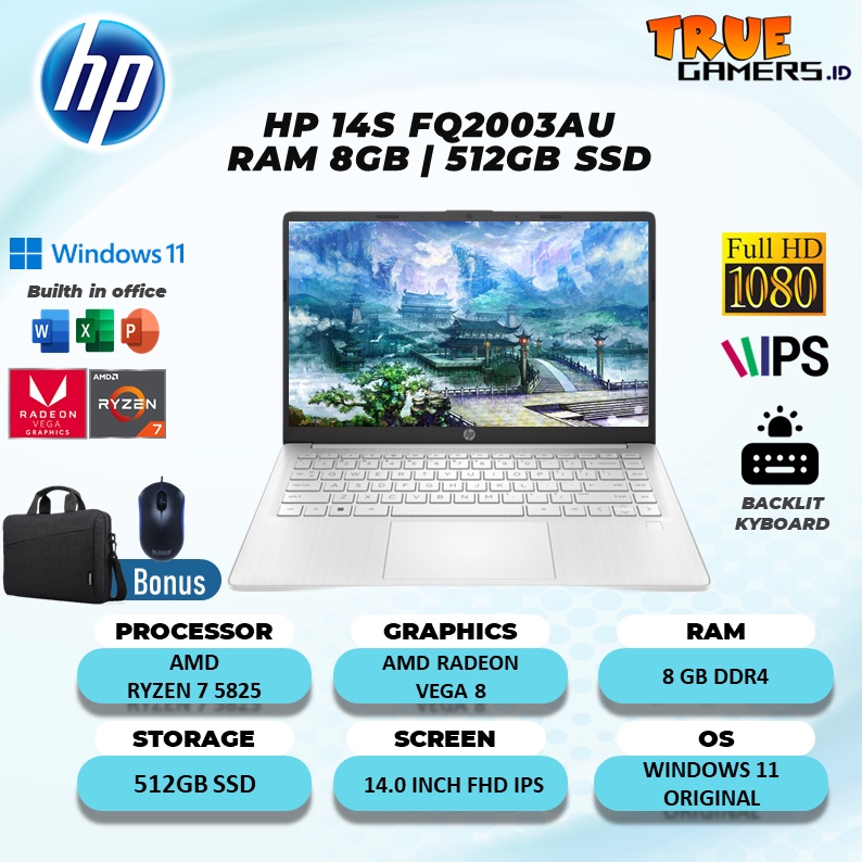 LAPTOP HP 14S FQ2003AU RYZEN 7 5825 16GB 512SSD VEGA8 W11+OHS 14.0FHD IPS BLIT garansi resmi