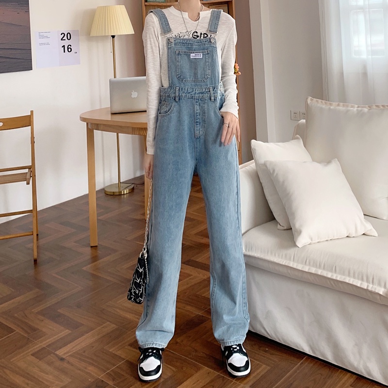 ✅COD Biru muda Overall Kaki Lebar Longgar Pinggang Tinggi Gaya Korea Wanita---Celana Kodok Jeans Wanita