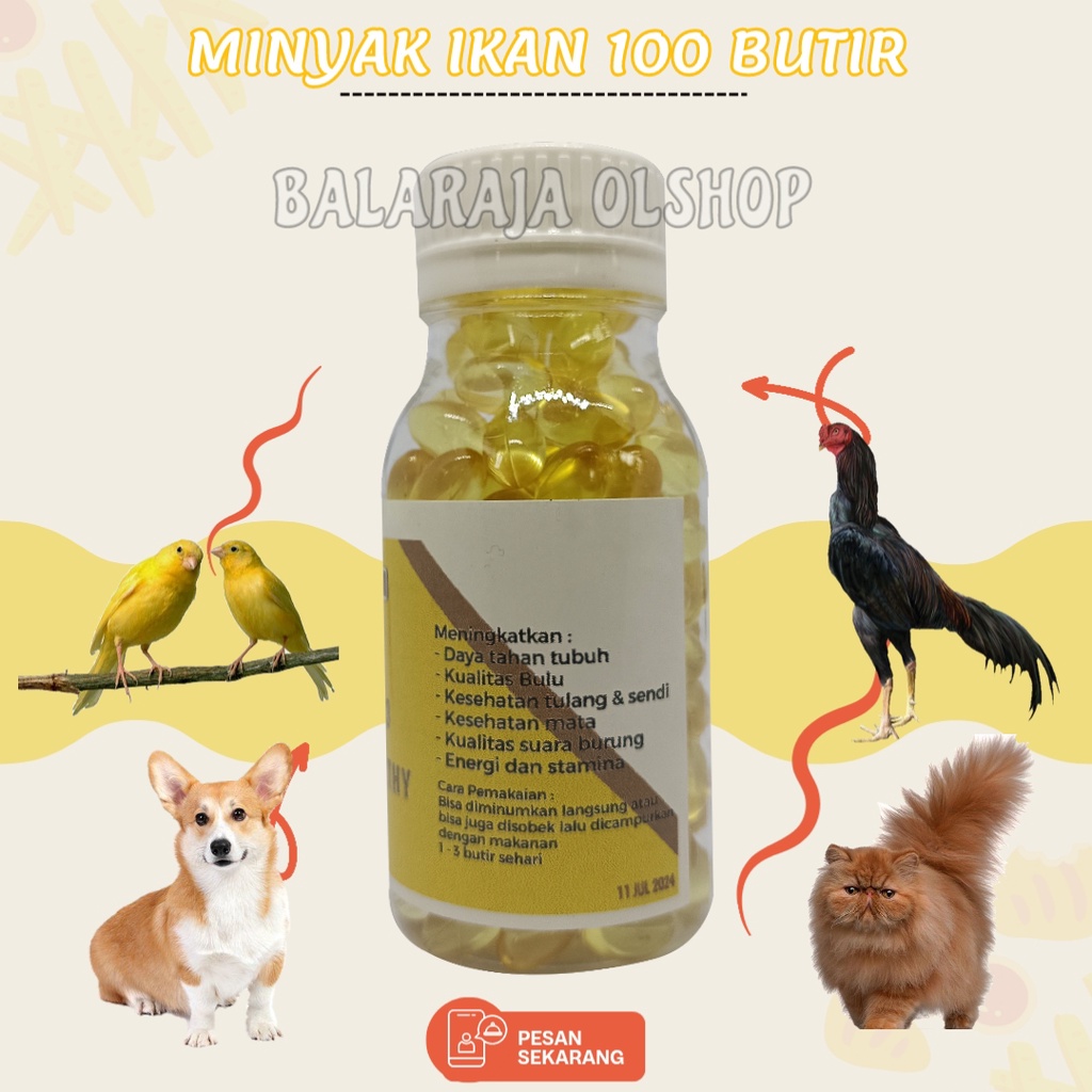 Minyak Ikan 100 Butir Vitamin Kucing Anjing Burung Ayam dan Hewan Jenis Lainnya