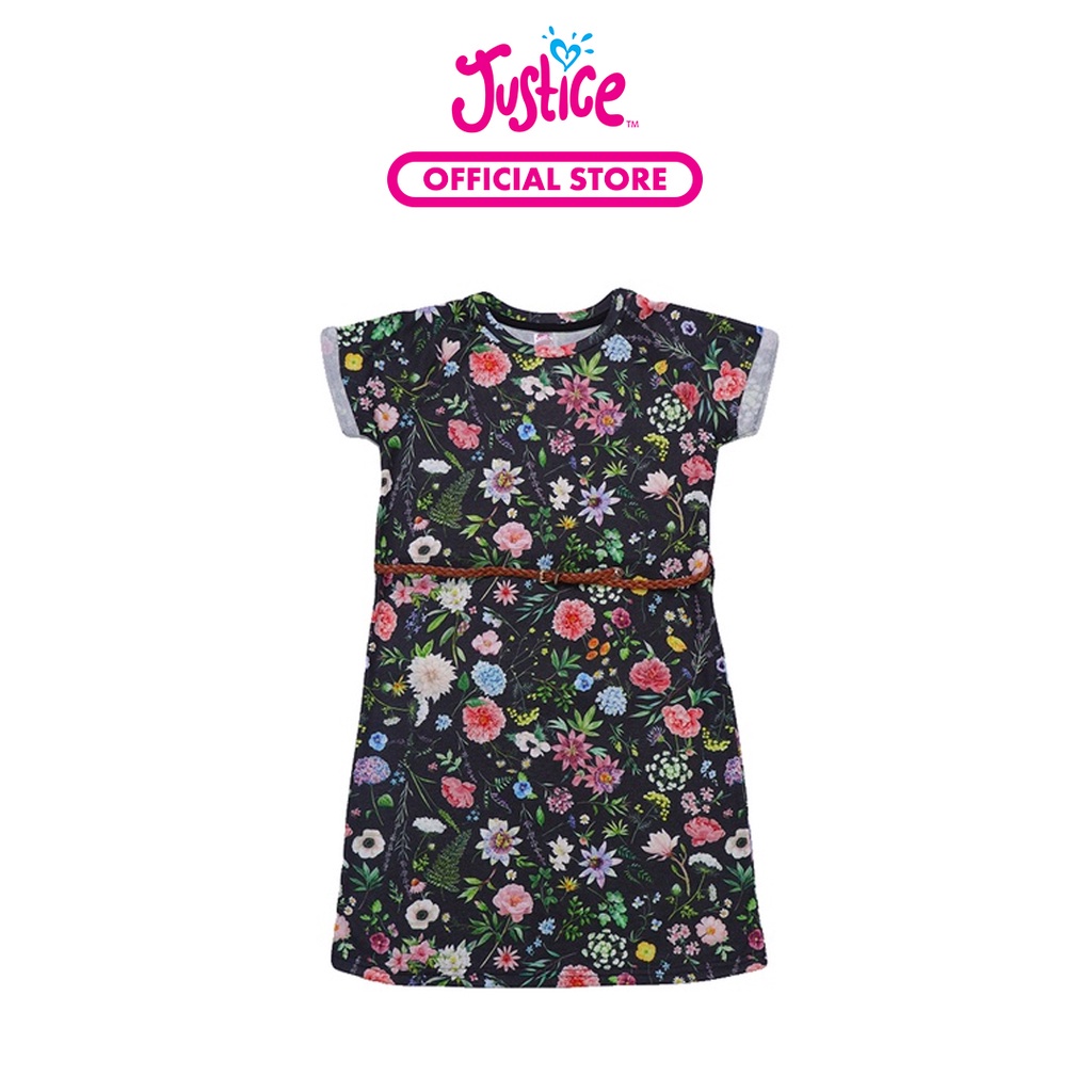 Justice Floral Dress with Belt Black - Dress Anak Perempuan