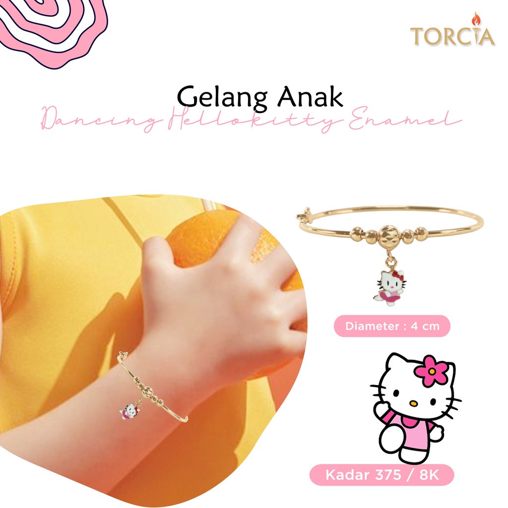Gelang Bayi dan Anak Emas Asli Gantung Dancing Hello Kitty Enamel Kadar 375 Torcia