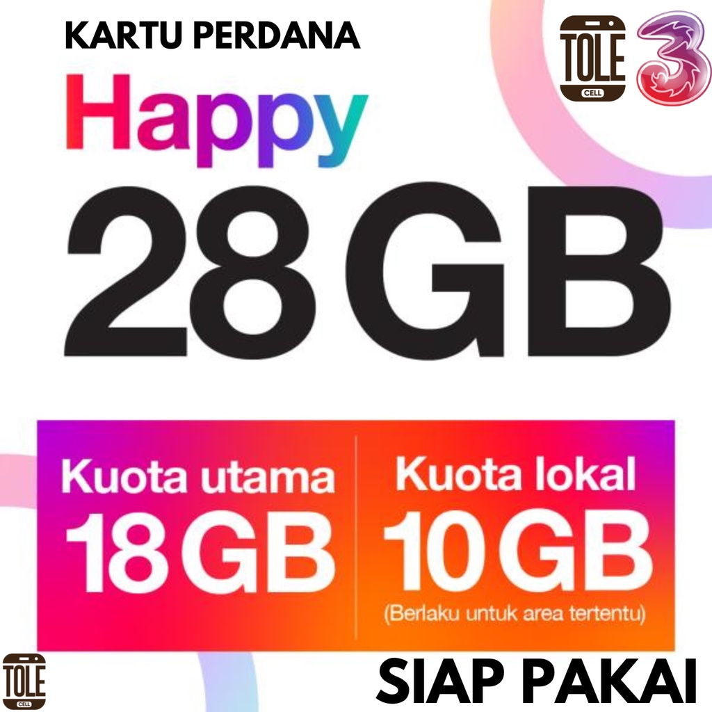 Kartu Perdana Internet Three Happy Kuota 3GB 8GB 12GB 28GB Nomor Tri AON 2GB Nasional SImcard 4G