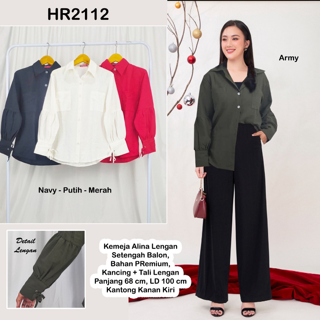 HR2112 Atasan Alina Premium Kancing + Tali Lengan Stretch / Kemeja Panjang / Kemeja Kerja / Kemeja Polos