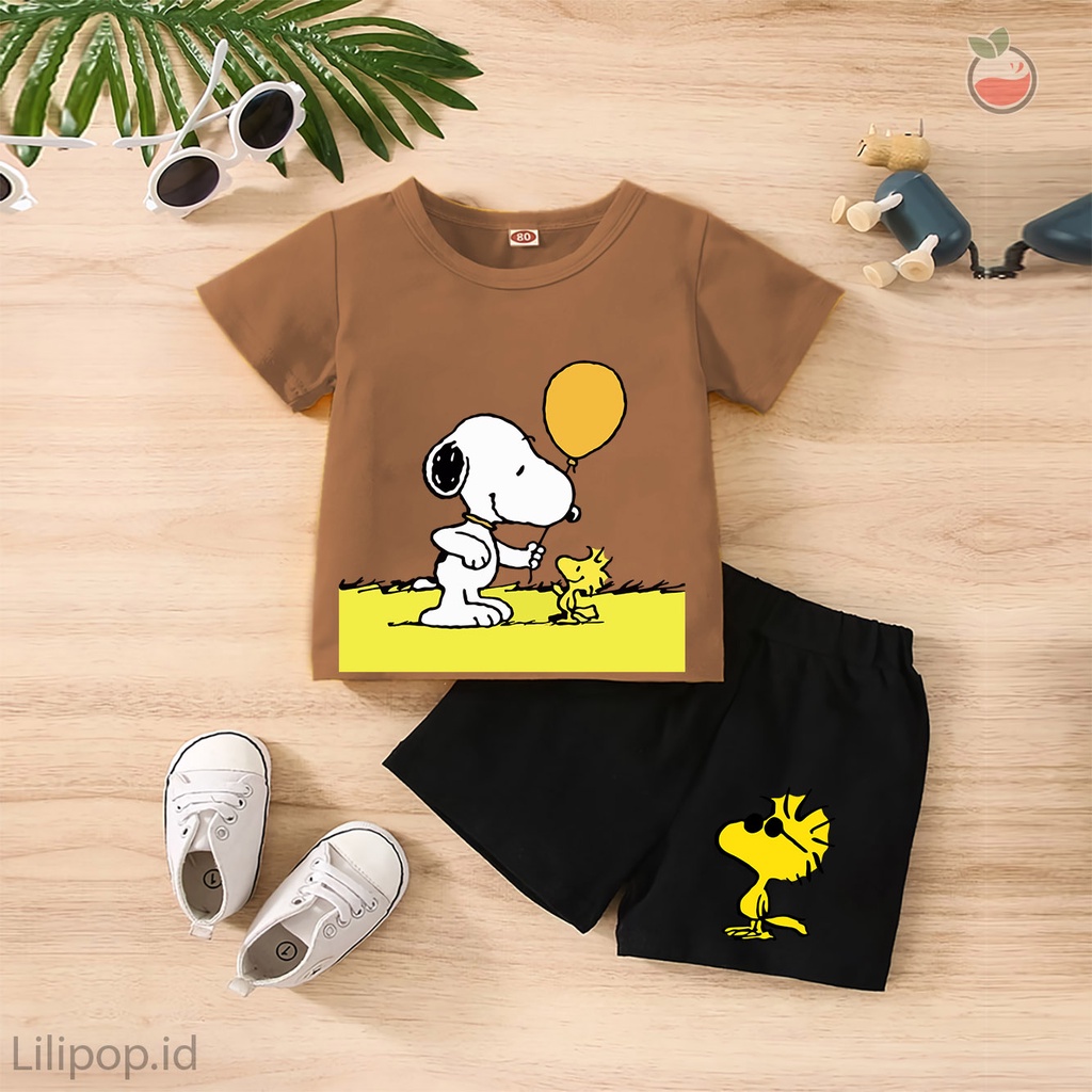 Baju Anak Stelan Kaos 3/4  SNOOPY Cowok Cewek  Usia 1 - 4 Tahun Celana Pendek Harian