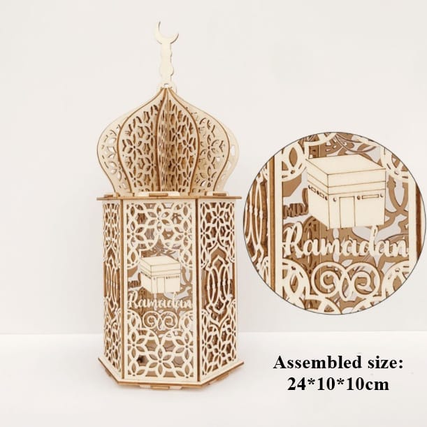 Lampu LED Dekorasi Eid Mubarak Lampu Lentera LED Kayu Lebaran Ramadan Bahan Kayu DIY