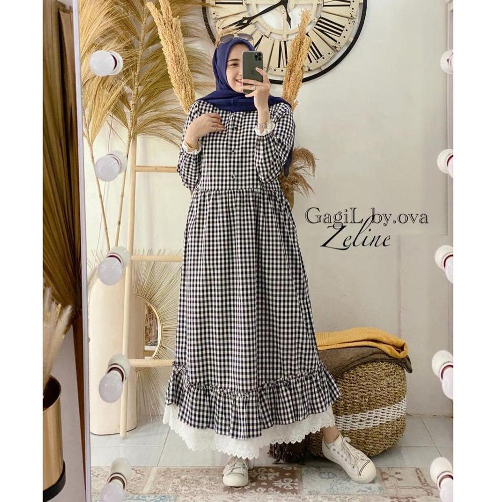Promo [Gratis Mini Gold] Zeline Maxi - gamis kotak kotak terbaru - MURAH/Bisa COD - dress murah