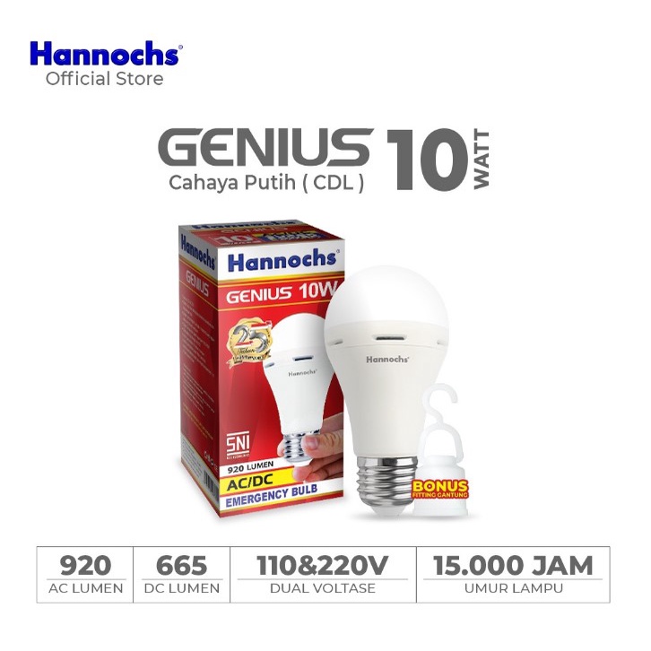 HANNOCHS Lampu LED Emergency AC/DC GENIUS 6W 8W 10W 12W 15W / 6 8 10 12 15 Watt Cahaya Putih