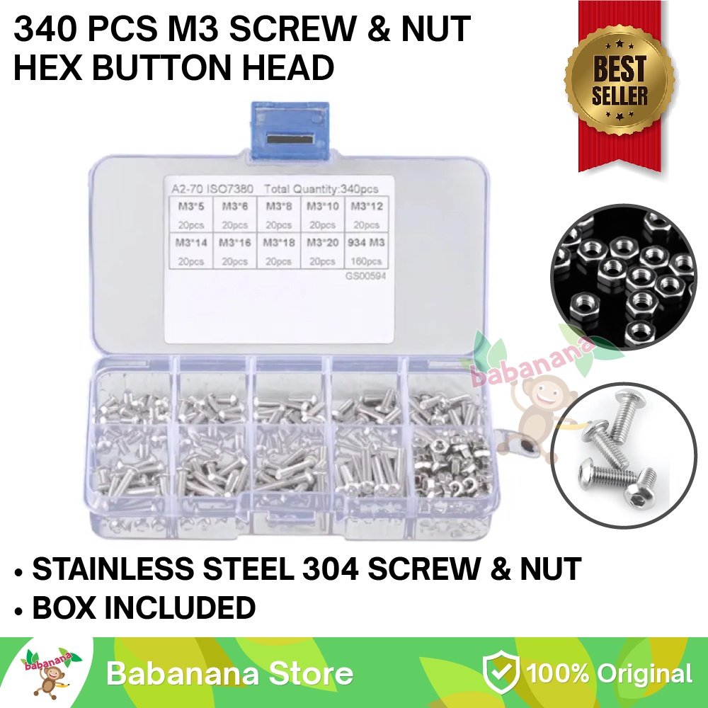 340pcs M3 HEX Screw Button Head Baut Sekrup Stainless Besi Mur Nut