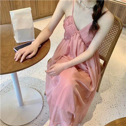 Red French Tea Break Suspender Rok High-Quality Chiffon Fairy Skirt Summer Pink Temperamen Tipis Baju Wanita Pakaian Baru