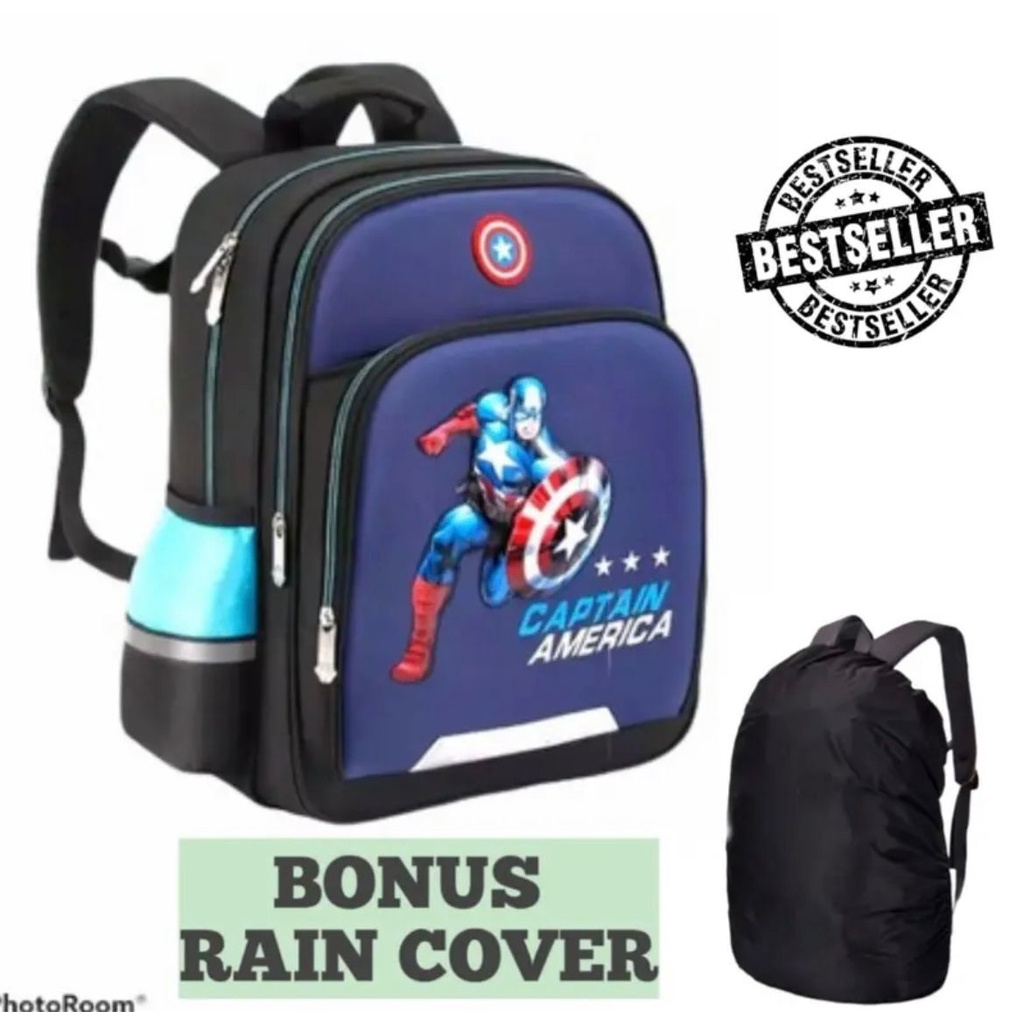 TS STORE - Bonus Jas Hujan tas sekolah anak laki-laki anak perempuan Spiderman/ Captain America backpack sekolah anak tk sd smp multifungsi