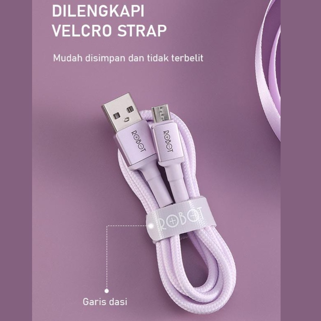 ROBOT RSM-100 Kabel Data Micro Usb Quick Fast Charge 2.4A [100 CM] Warna Ungu Anti Kusut Compitable For Samsung Xiaomi Oppo Vivo Realme Infinix Techno