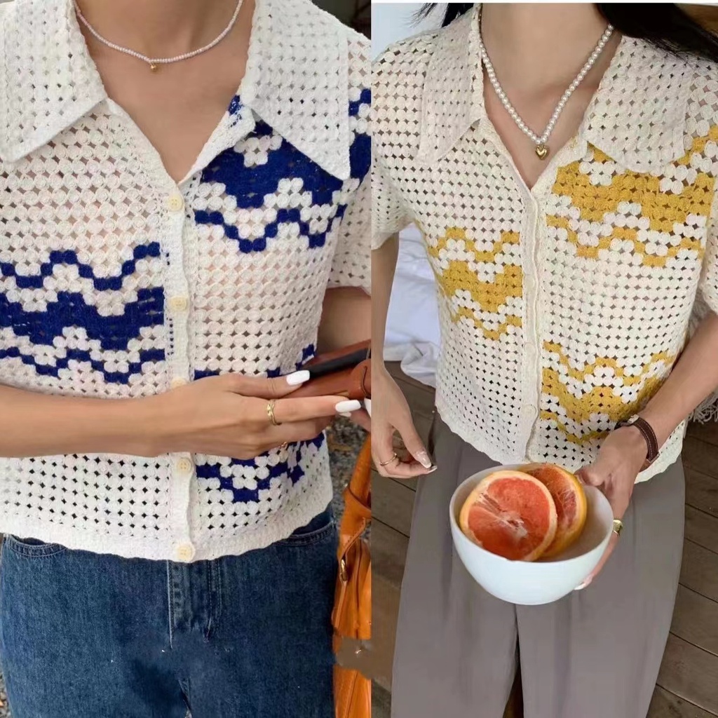 Red Versi Korea dari crochet berongga warna hangat berat buatan tangan bentuk geometris pola desain atasan slim retro lengan pendek gaya panas