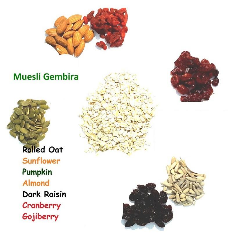 

250gr Muesli Gembira : rolled oat, sunflower, pumpkin, almond, dark raisin, cranberry & gojiberry Varian Mentah/ Roasted Best Seller