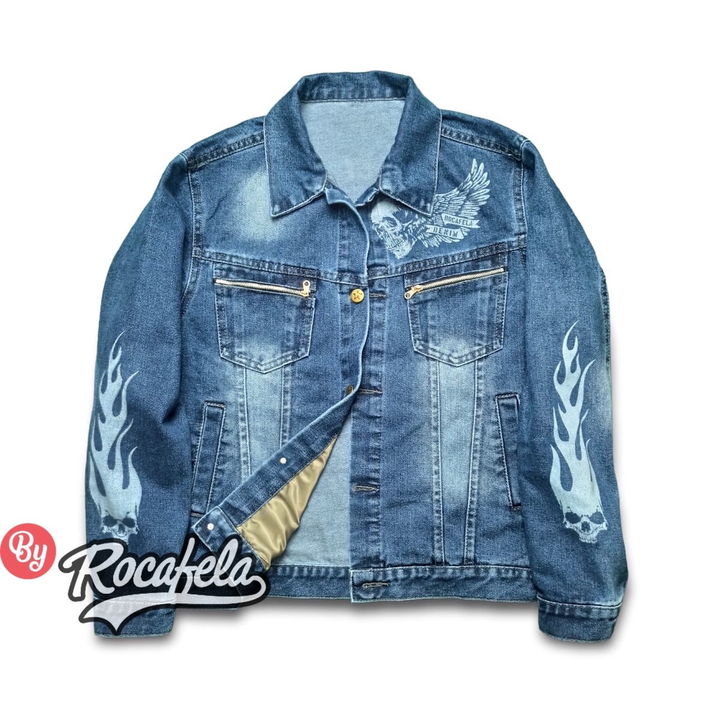 TURUN HARGA ! Jaket Jeans Kerah Sablon Cowok Jaket Denim Rocafela Sablon Discharge Premium