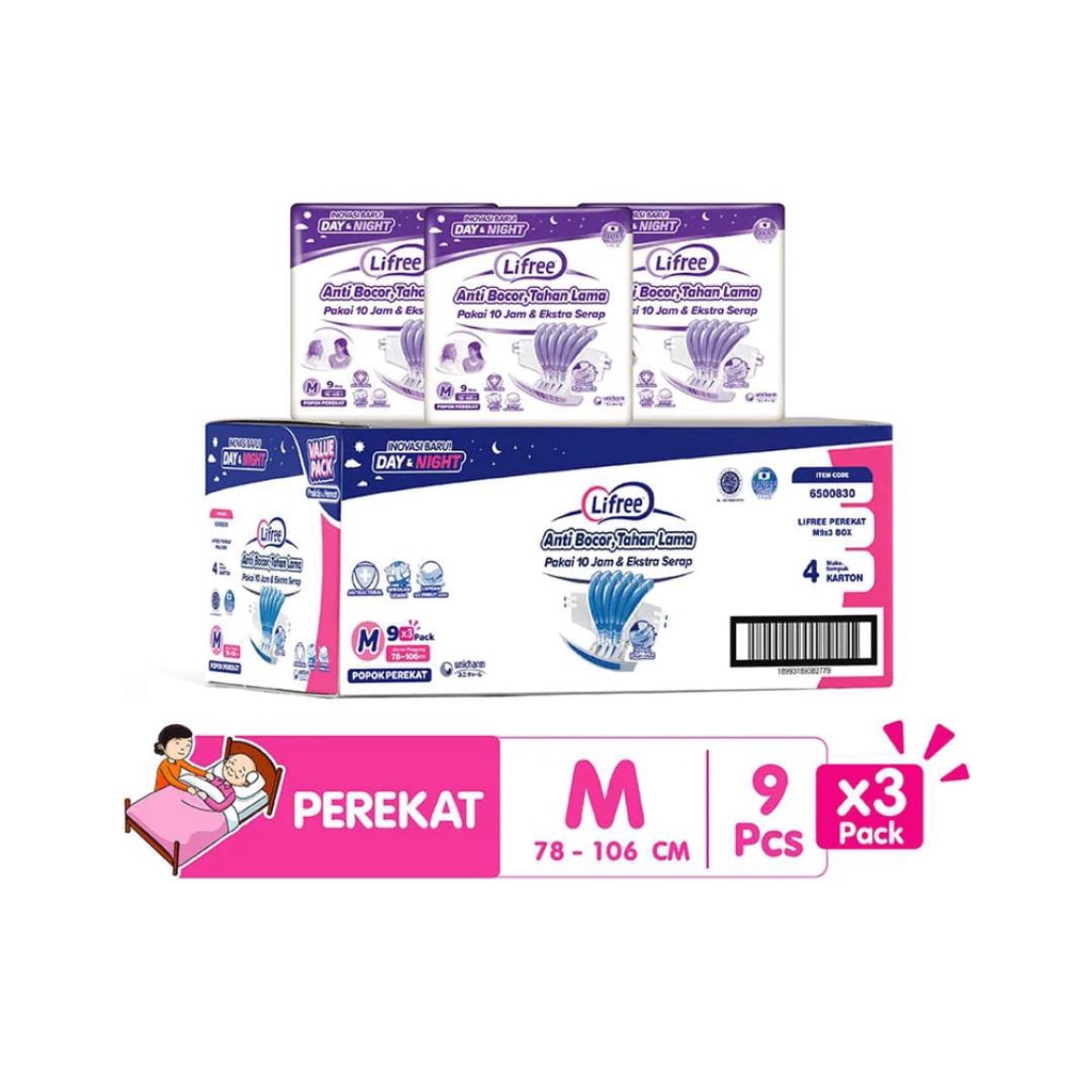 Lifree Popok Dewasa Perekat Menyerap &amp; Kering M9 - Karton Isi 3 Pack