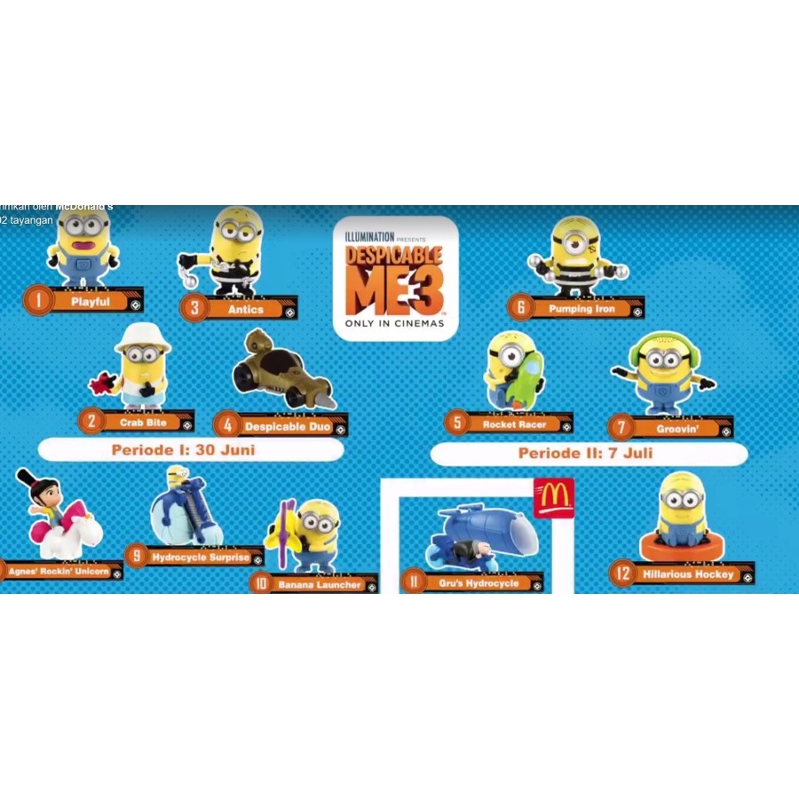 Despicable Me 3 Happy Meal MCD Minion Set 12 Lengkap New