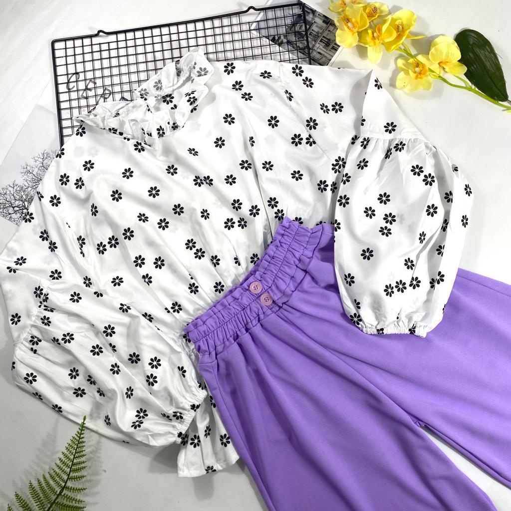 IL - SETELAN BYTHA MOTIF BUNGA TERBARU / ONE SET KULOT BUTTON 2 KANCING BAHAN CREPE PREMIUM-BYTHA PUTIH+UNGU