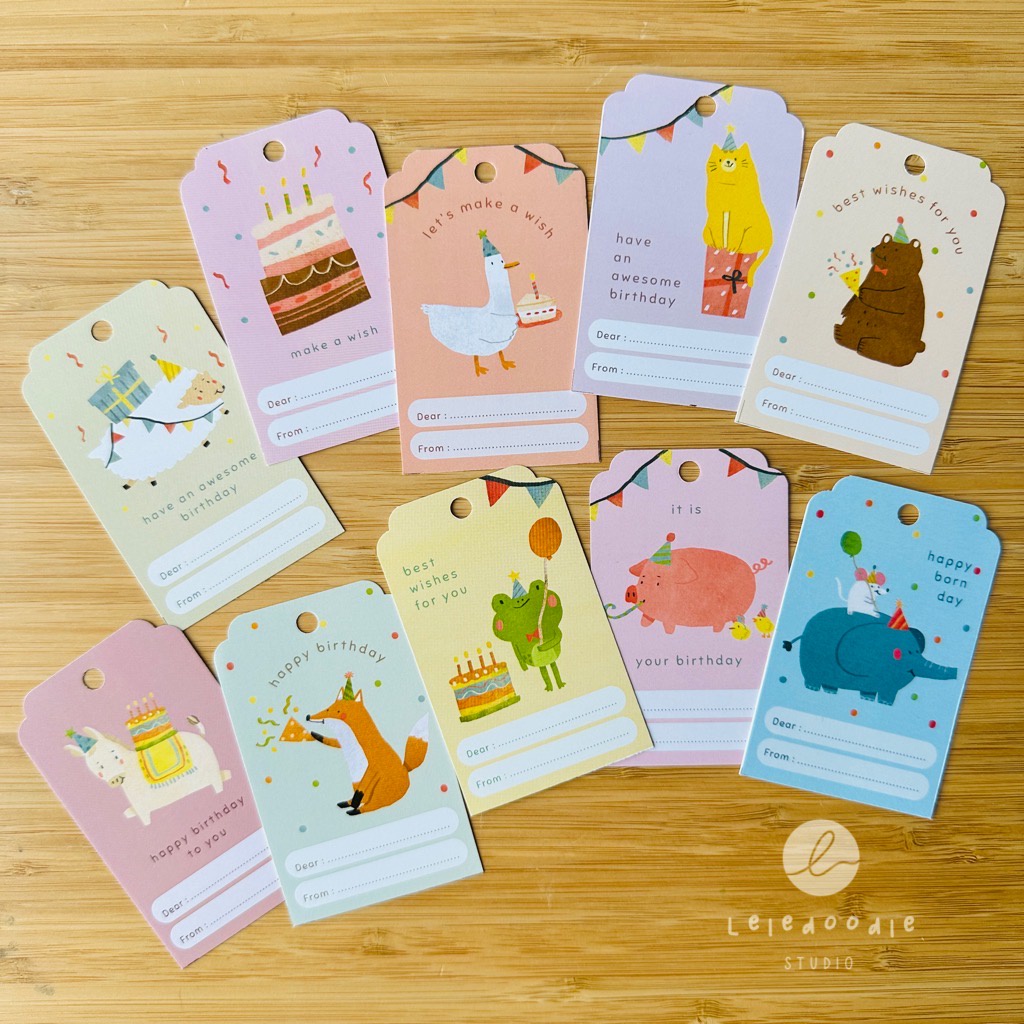 Leledoodle - (Set isi 10) Gift Tag Birthday Animal Series  | Kartu Ulang Tahun Anak Tema Binatang | 