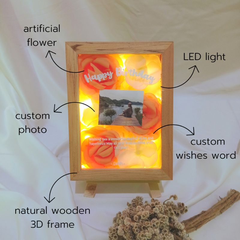 Bloomengift | Rose Hydrangea Flower Frame Gift Box Custom Bingkai 3D 5R 21x16x5 cm Bunga Artificial 
