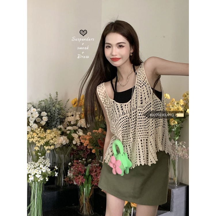 Red Setelan Retro Wanita Tanpa Lengan Berongga Merajut Rompi Overshirt Kecil Yang Indah Sling Musim Panas Ramping Rok Set Tiga Potong