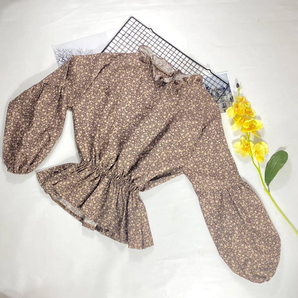 IL - BYTHA FLORAL BLOUSE / ATASAN WANITA MOTIF BUNGA PINGGANG KERUT KOREAN STYLE-CHOCO BROWN