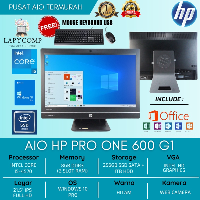 AIO MURAH HP PRO ONE 600 G1 WINDOWS 10 INTEL i5 RAM 8GB SSD 256GB LAYAR 21.5&quot; FULL HD ANTI GLARE