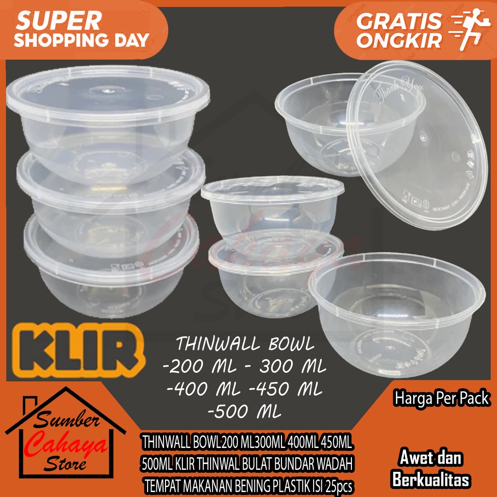 Klir Thinwall Bowl 200ml 300ml 400ml 450ml 500ml Thinwal Bulat Bundar Wadah Tempat Makanan Bening Pl