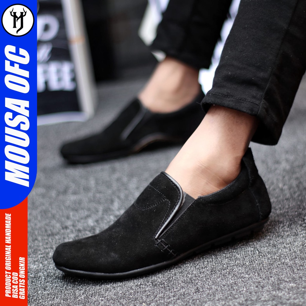 Sepatu Casual Slip On Pantofel Kulit Suede Kerja Pria Hitam Mousa Seya